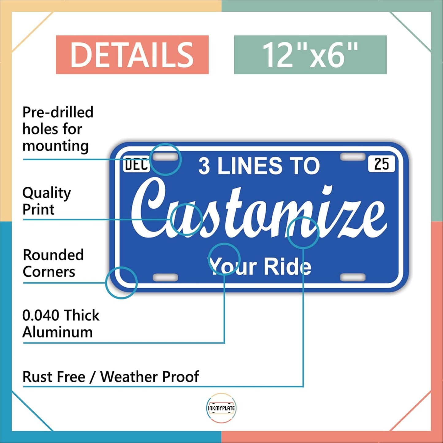 Custom Vanity Plate – Add Top Corner Text – 4 Sizes – 12x6 Aluminum Tag – Personalized Sign for Garage, Car lovers, or Man Cave – Thick .040 Aluminum