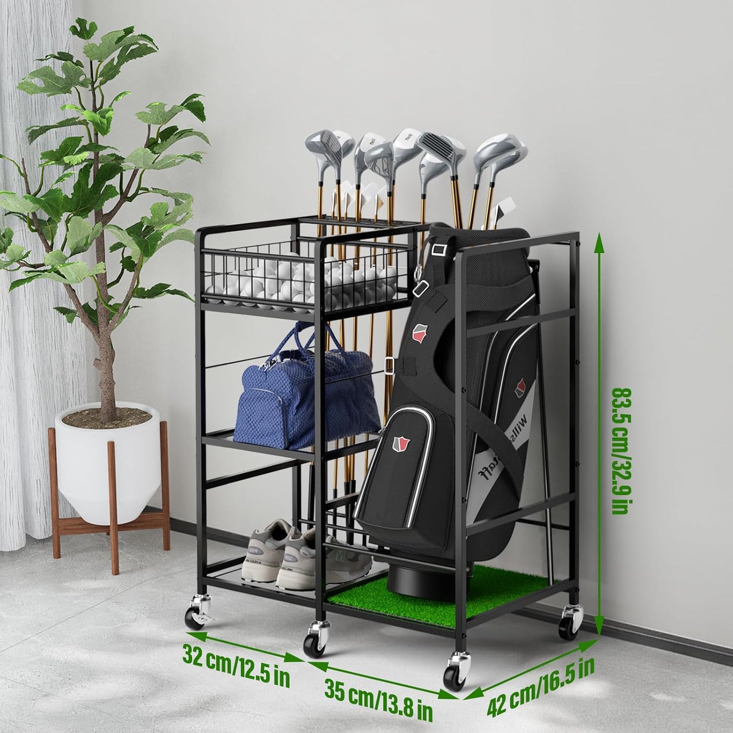 Golf Bag Organizer Rack Golf Club Storage Organizer for Garage Metal Golf Club Holder with Wheels 3 Tier Golf Bag Stand for Club, Balls, Shed and Basement, Black