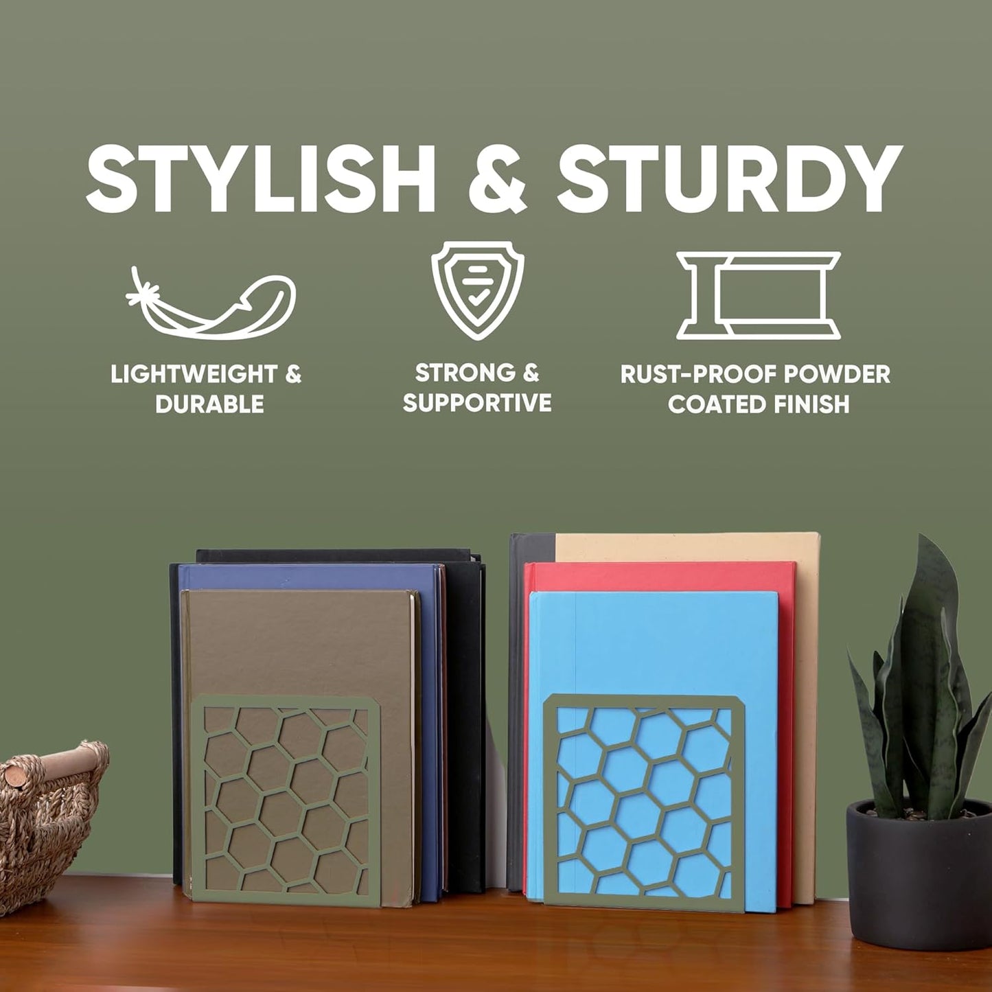GEOMOD Geometric Honeycomb Sage Metal Bookends Decorative - Tall Sturdy Book Ends for Shelves - Modern Heavy Duty Bookend Stopper - Office or Home Book Shelf Holder - 6x3.25x6.25 Inches-2 Pair