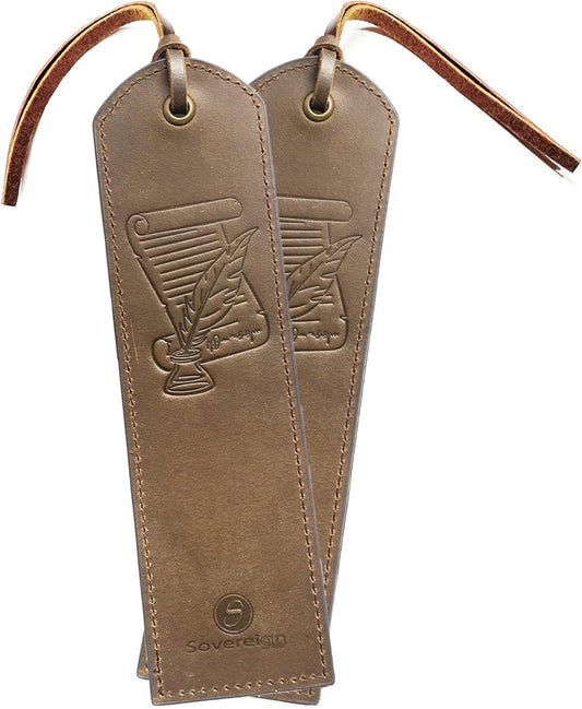 Leather Bookmarks for Men and Women | Quality Mens Bookmark with Scroll & Feather Quill | 2 Vintage Handmade Leather Book Markers for Men Women Book Lovers Readers (7x2) Leather Gift Sovereign-Gear