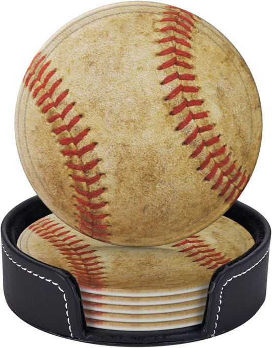 6 Pcs Baseball Drink Coasters with Holder Coasters for Drinks Coffee Table Home Decor Housewarming Gift