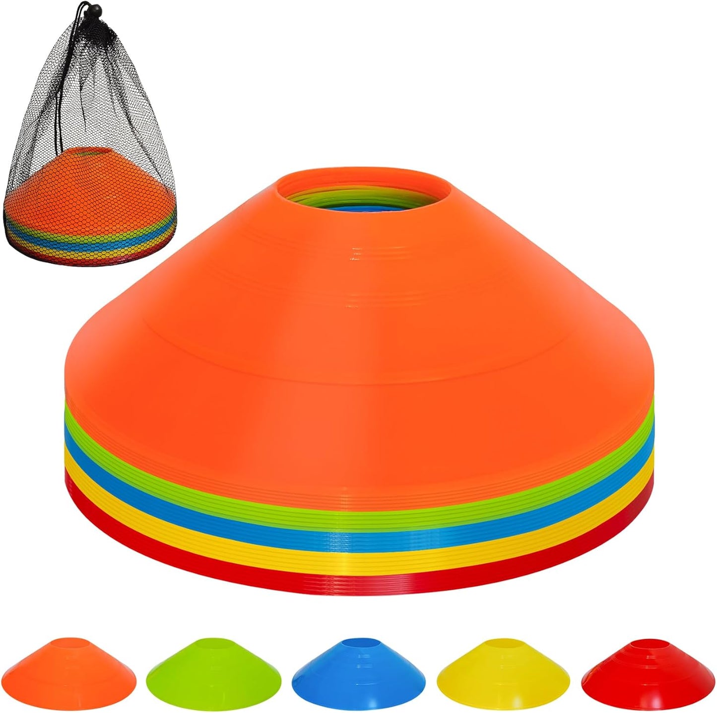 VOGRYE Disc Cones, 25/50/100 Pack, with Carry Bag, 5 Color, for Sports Training, Soccer, Football, Basketball, Coaching, Practice Equipment(25 Pack -5 Color)