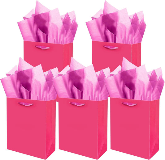 Gcardist Bright Pink Gift Bags with Tissue Paper for Wedding, Birthday, Party Supplies-7.9"x4.3"x9.6" Medium Size Cardboard Gift Bags（5pcs Bags +10pcs Tissue Paper ）