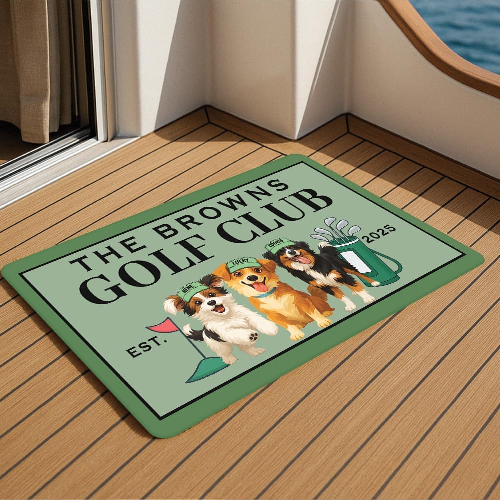 Personalized Golf Welcome Mat with Dog Photo and Family Name – Custom Front Door Rug with Pet Cartoon, Year and Golf Theme – Outdoor Entryway Doormat for Dog Owners and Golf Lovers