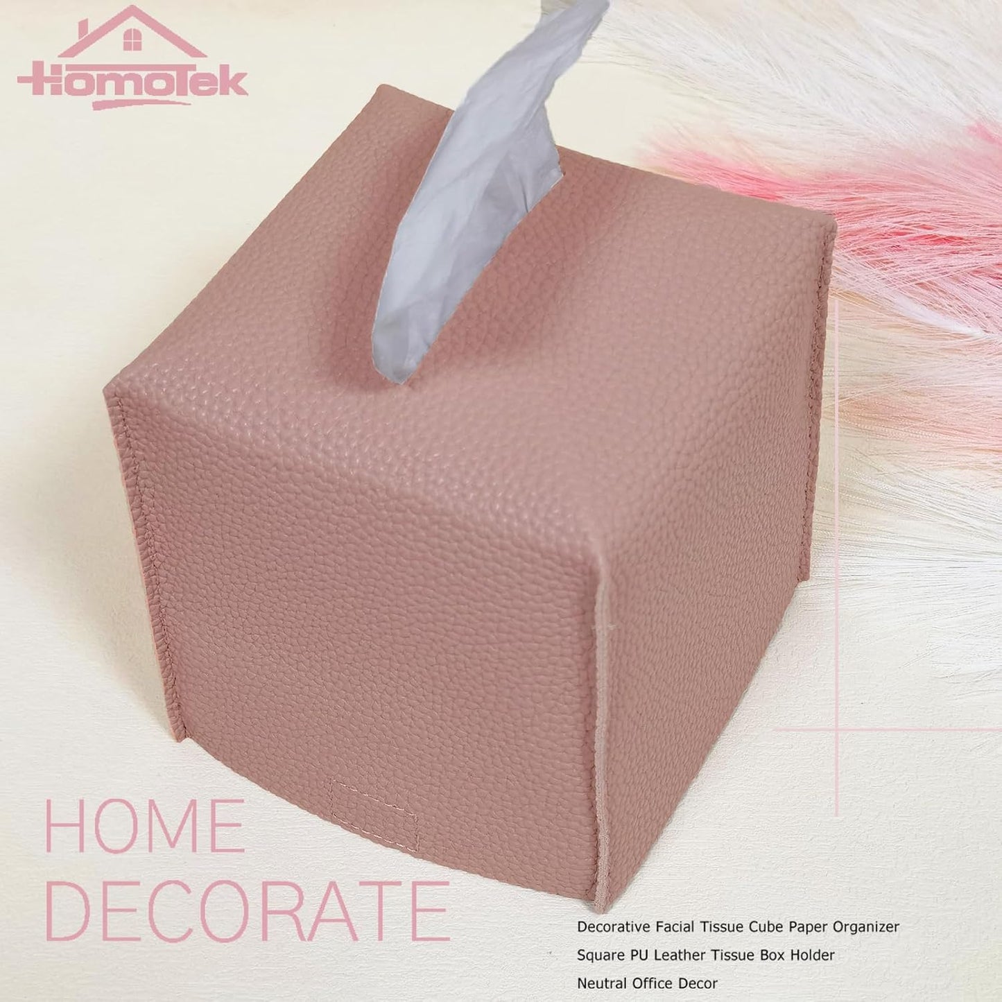 HOMOTEK 2 Pack Tissue Box Cover, Square PU Leather Tissue Holder, Decorative Facial Tissue Cube Paper Organizer Dispenser for Bathroom, Night Stands, Desk, Car 5X5X5'' - Dusty Rose, Pebble Grain