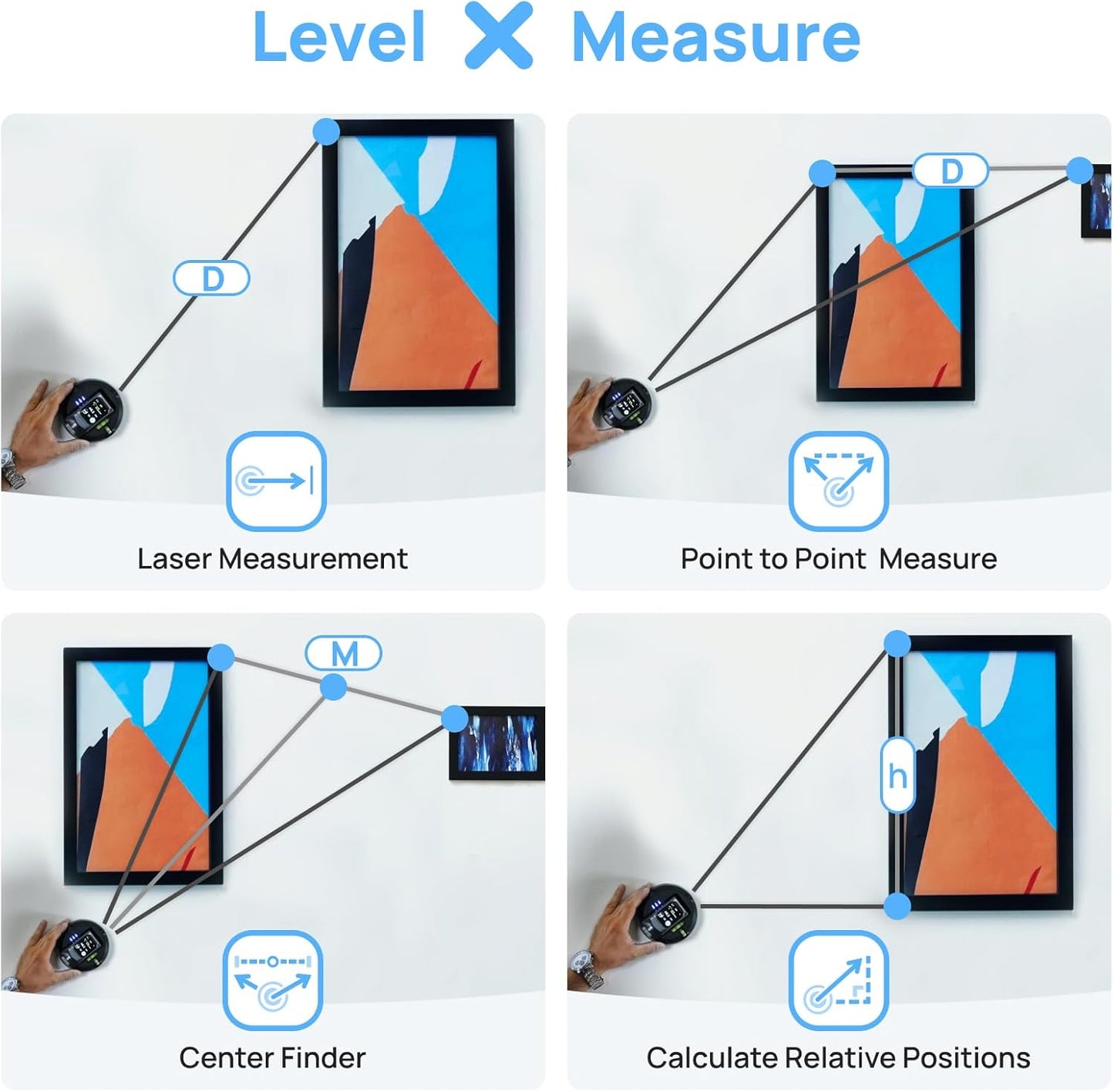 HOZO M-Cube02 Laser Level with 164ft Green Laser Measure, 360° Rotating for P2P Laser Measure & Center Finder, Wall Mount Laser Level for Picture Hanging, Renovation & DIY, Bluetooth App, Rechargeable