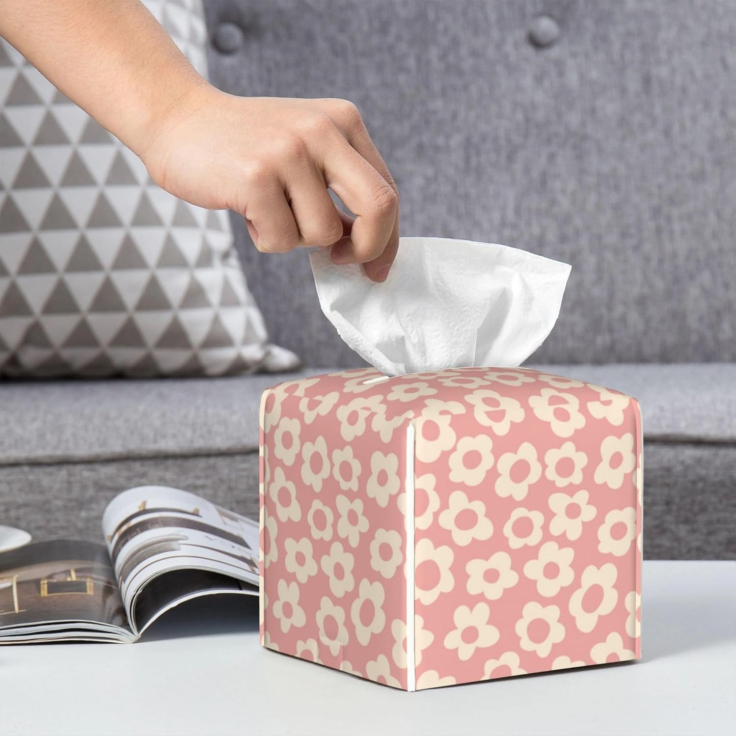 Vintage Groovy Flowers Tissue Box Cover Square,Pink Boho Floral Tissue Box Holder Waterproof Leather Facial Paper Organizer Dispenser for Bathroom Home Car Nightstand Vanity Desk