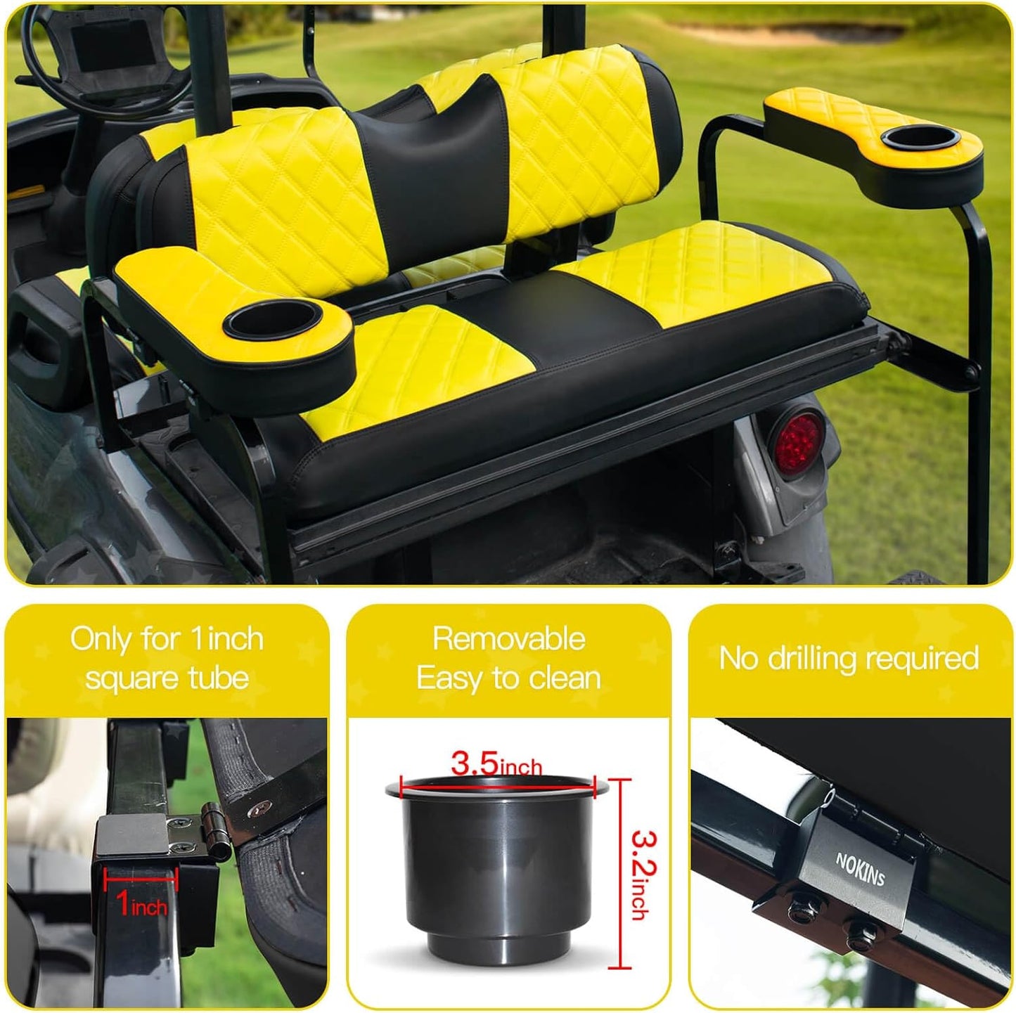 NOKINS Golf Cart Diamond Flip Armrest with Cup Holder, No Drilling Required, Golf Cart Folding Hinged Armrest, Inward Mount, for Club Car EzGo Yamaha Back Seat Kit