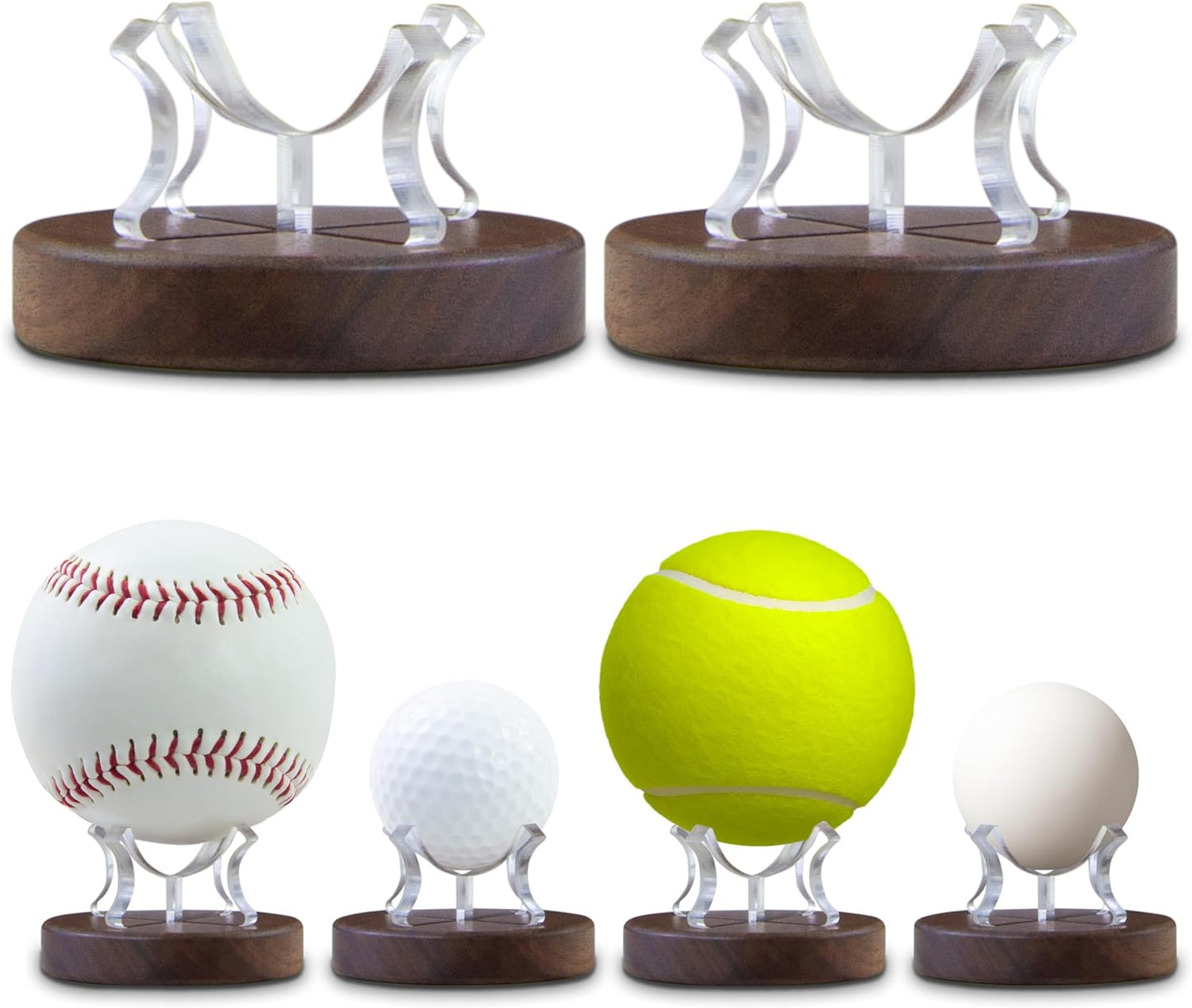 Set of 2 Baseball Display Stands – Walnut Wood Base with Clear Acrylic Support, Baseball Holder Stand for Display, Softball Stands, Golf Ball Holder, Tennis Ball Display Box for Memorabilia