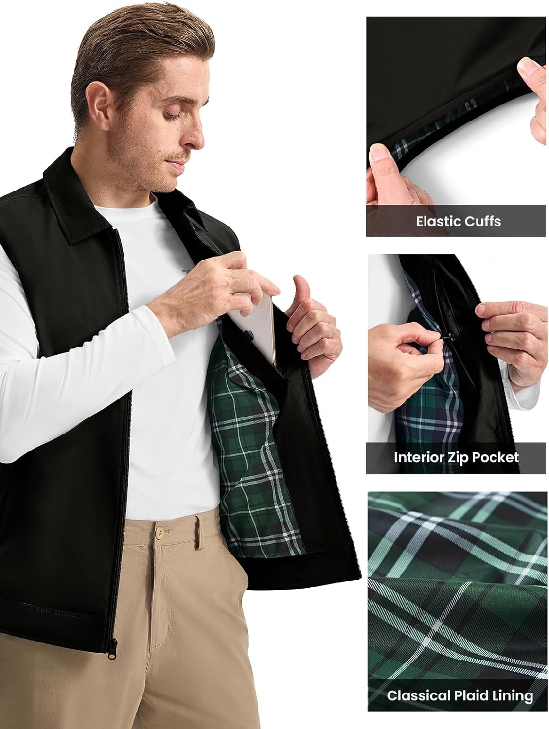 Rdruko Men's Golf Vest Lightweight Outerwear Windproof Water Resistant Grid Lining Vest with Zipper Pockets for Casual