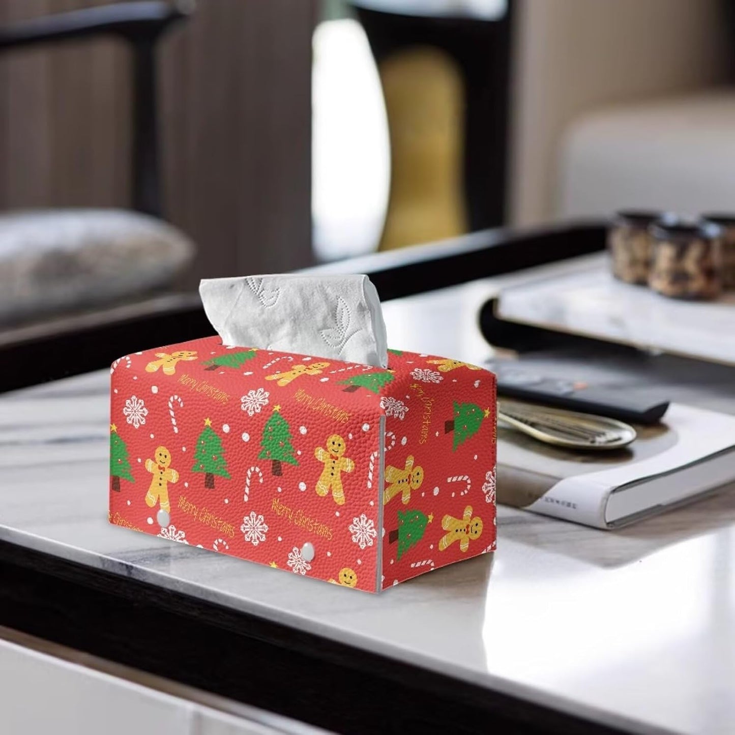 Christmas Tissue Box Cover Rectangle Cute Bear Tissue Box Cover Snowflake Print PU Leather Tissue Box Holder Easy to Clean for Car Bedroom Office