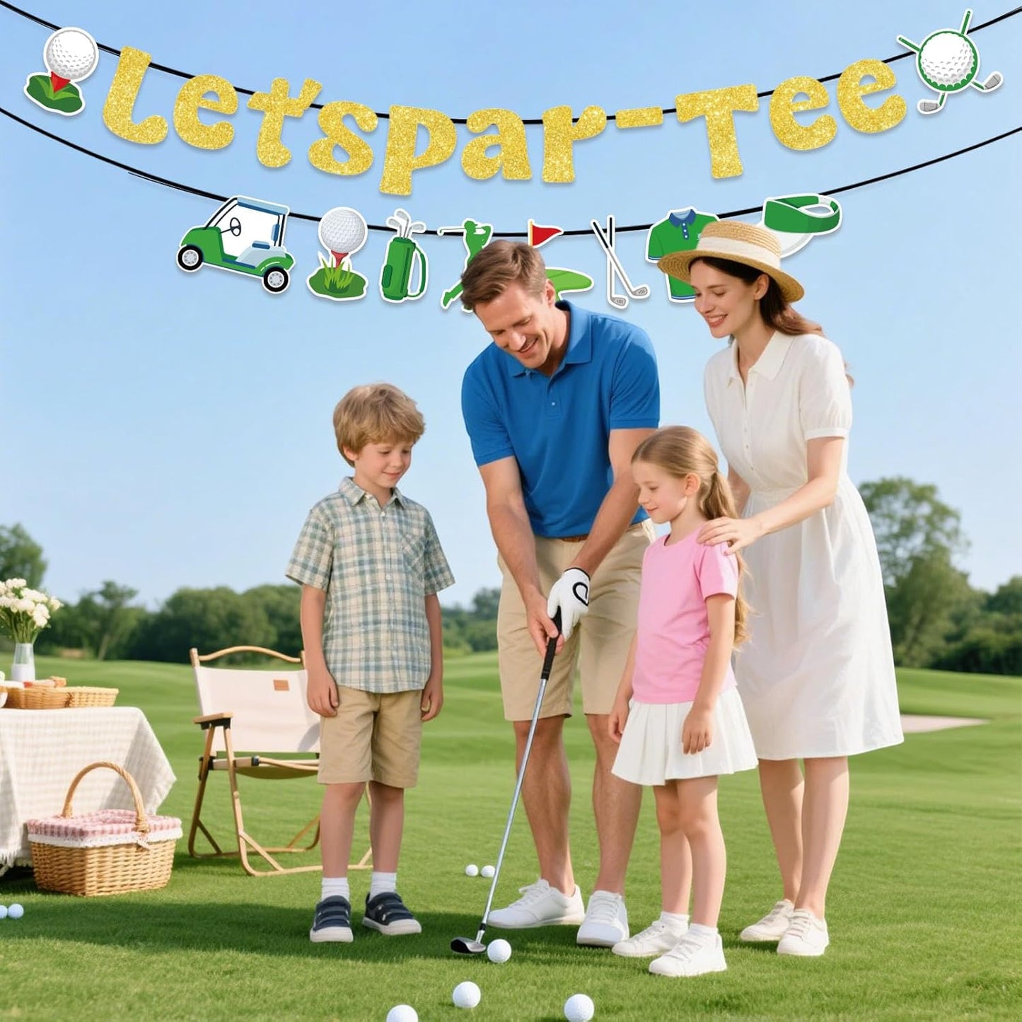 Let’s Par-Tee Banner, Pre-Strung Golf Theme Birthday Banner Glitter Garland Hanging Golfer Birthday Decorations Retirement Party Decor for Sport Lovers Photo Props Baby Shower Party Supplies