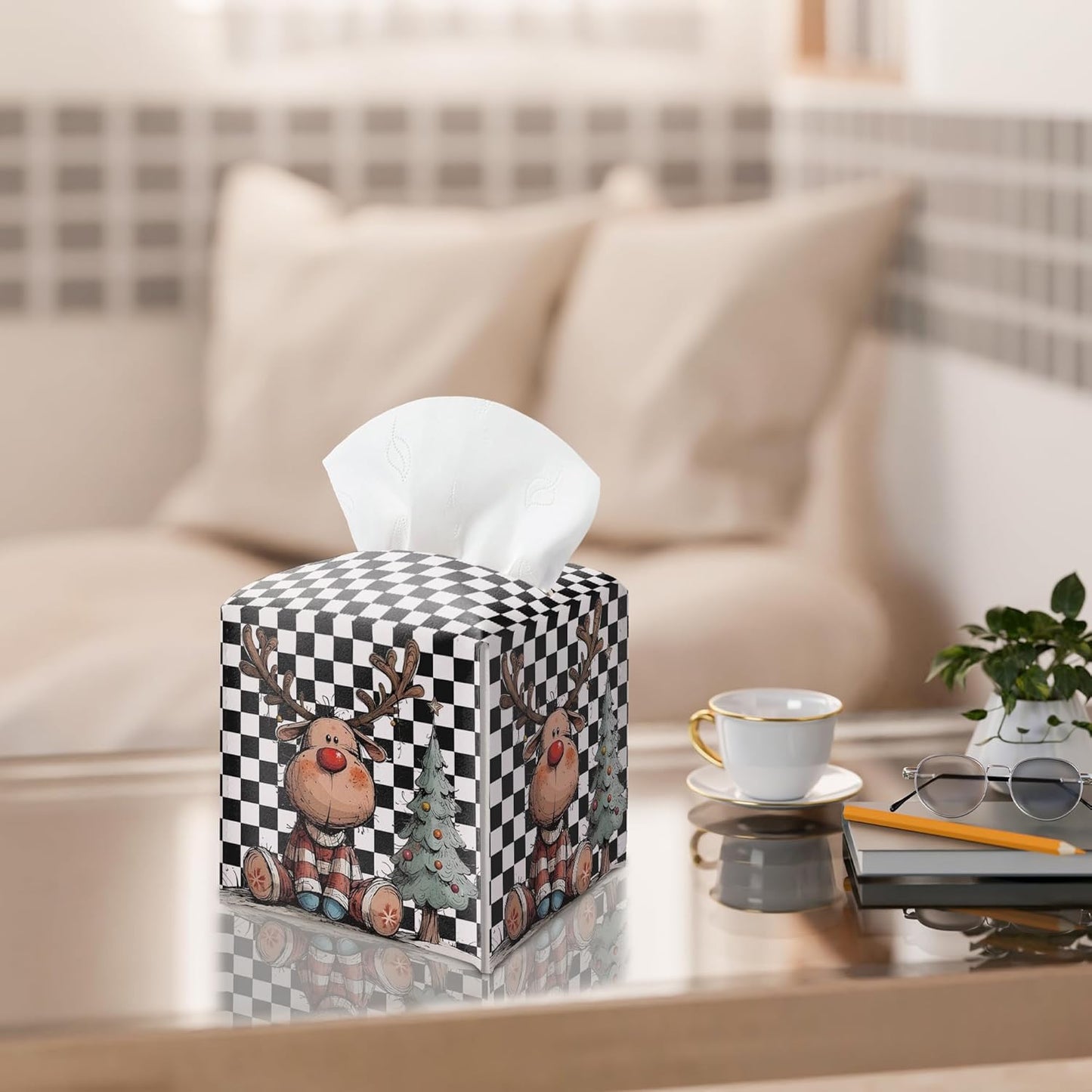 Black and White Checkered Tissue Box Holder, Watercolor Christmas Reindeer Leather Tissue Box Cover Square, Paper Facial Decorative Tissues Cover for Night Stands Bathroom Office Home Decor-B06
