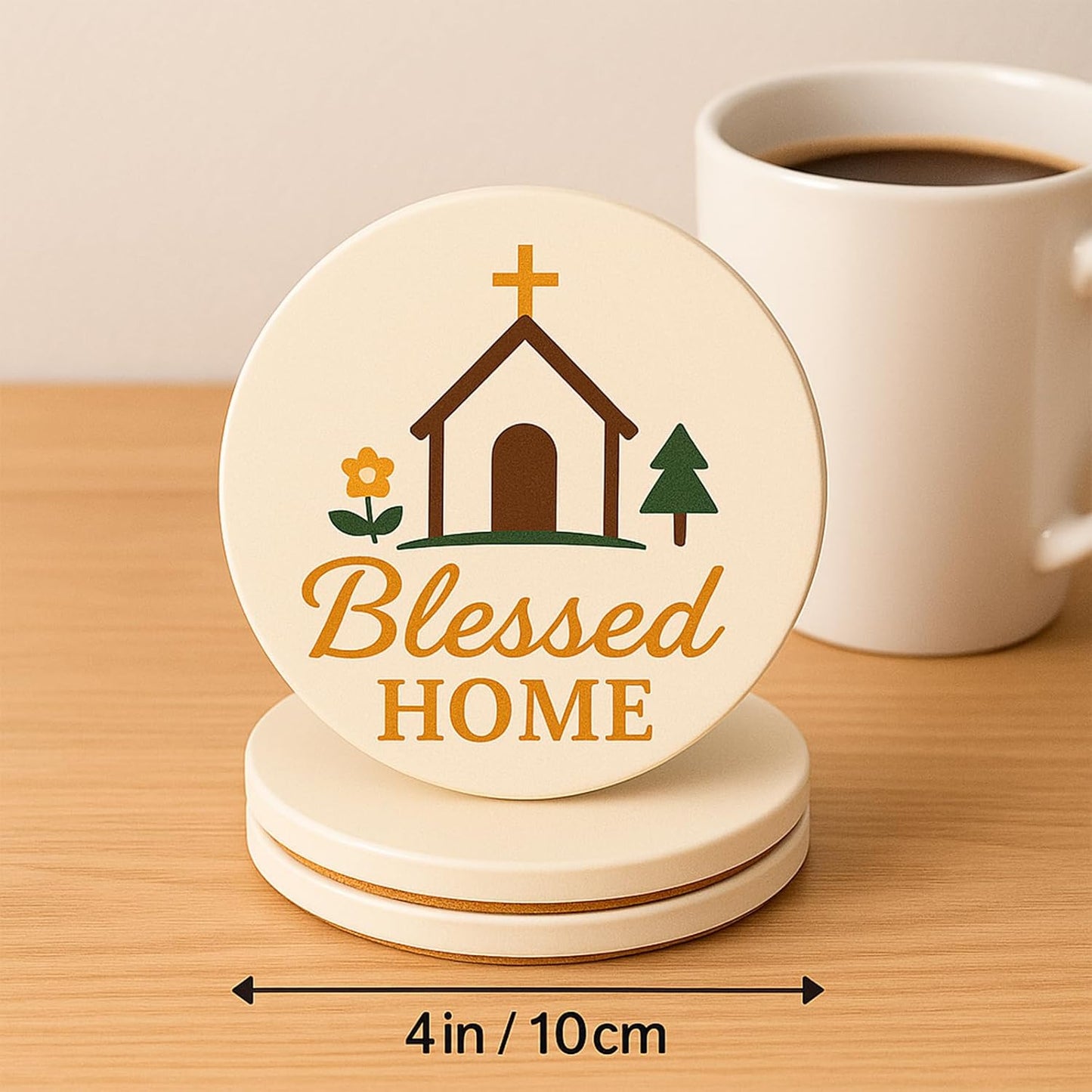 Blessed Home Christian Absorbent Ceramic Coasters Set of 4 with Non-Slip Cork Backing, Religious Faith Stone Drink Coasters for Coffee Table, Kitchen, Dining Room, Housewarming, Church Decor