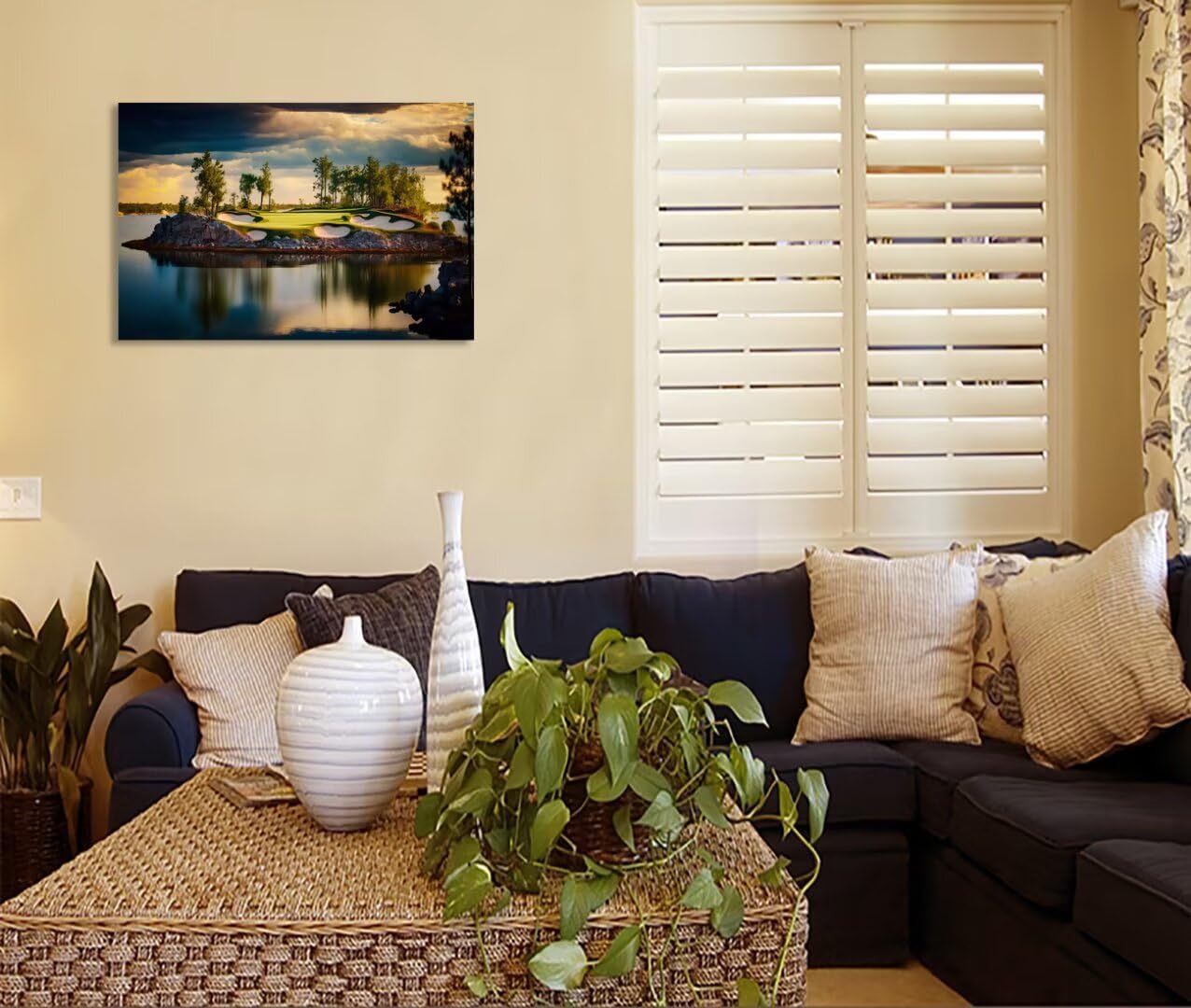 chenchenArt Sunset Landscape Golf Course Wall Art Picture Golf Course Wall Decor for Living Room Bedroom Bathroom Home Decorations Canvas Prints Framed Ready to Hang(28''H x 44''W)