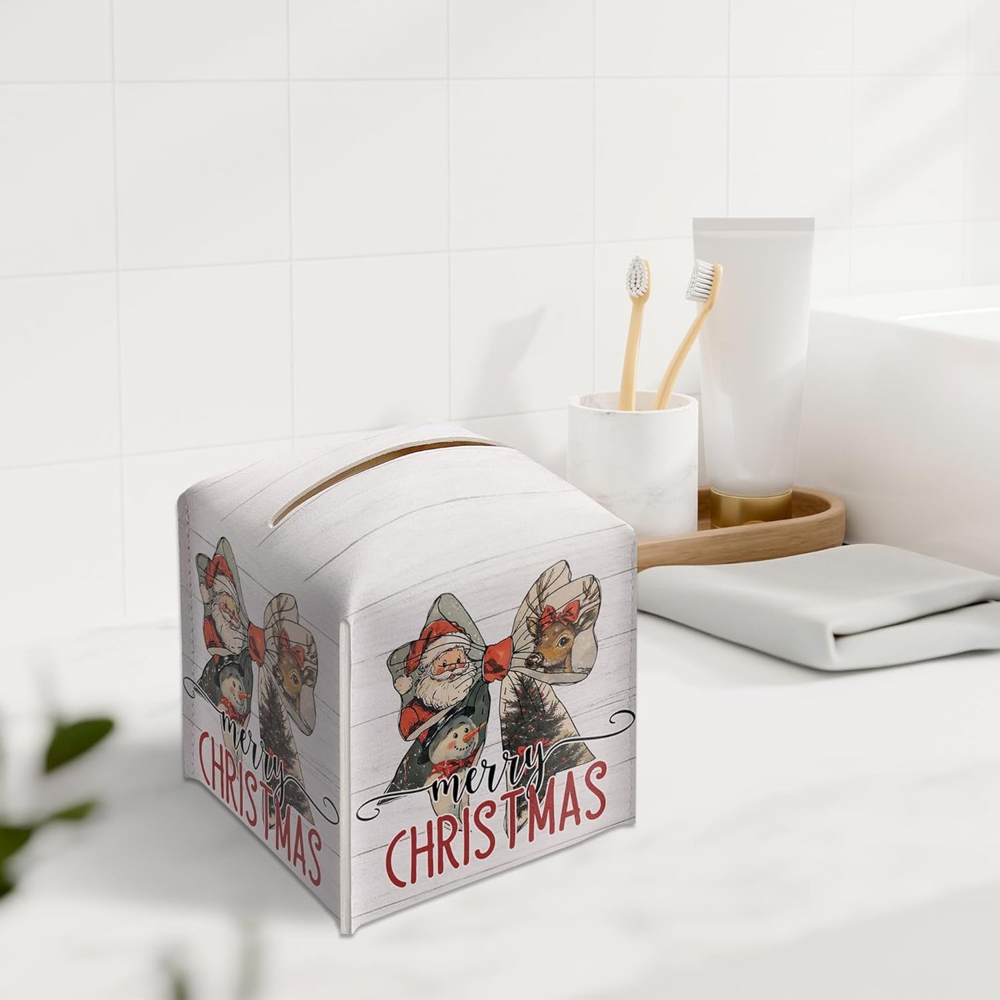 Merry Christmas Tissue Box Holder, Santa Claus Bow Reindeer Snowman Leather Tissue Box Cover Square, Paper Facial Decorative Tissues Cover for Bathroom Kitchen Office Home Decor-B26