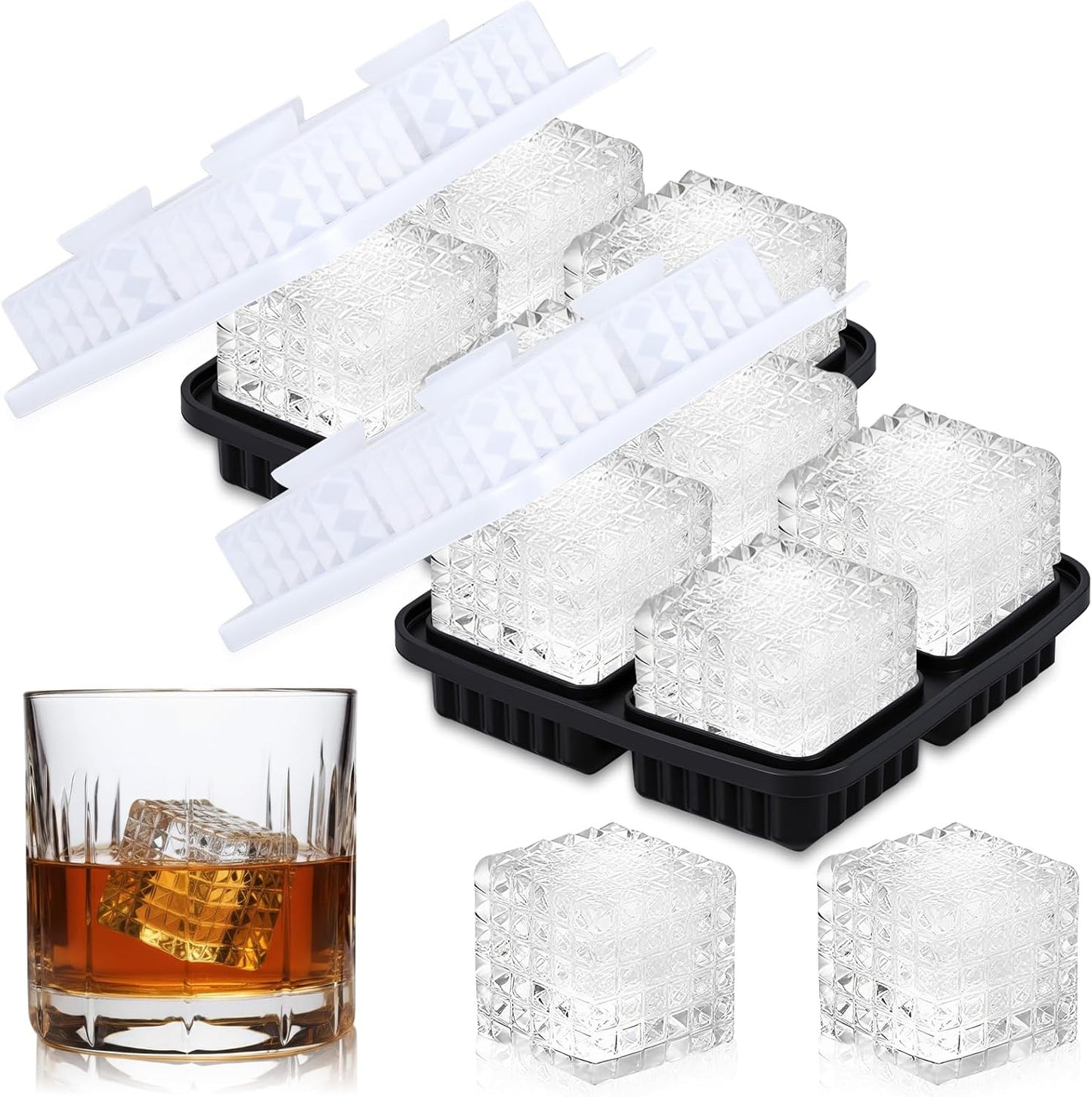 Hoolerry 2 Pcs Silicone Ice Cube Tray Large Square Sphere Golf Ice Tray 4 Hole Fun Shapes Big Ices Cube Mold with Funnel for Whiskey Cocktails Bourbon Chilling White Elephant Gifting(Square)