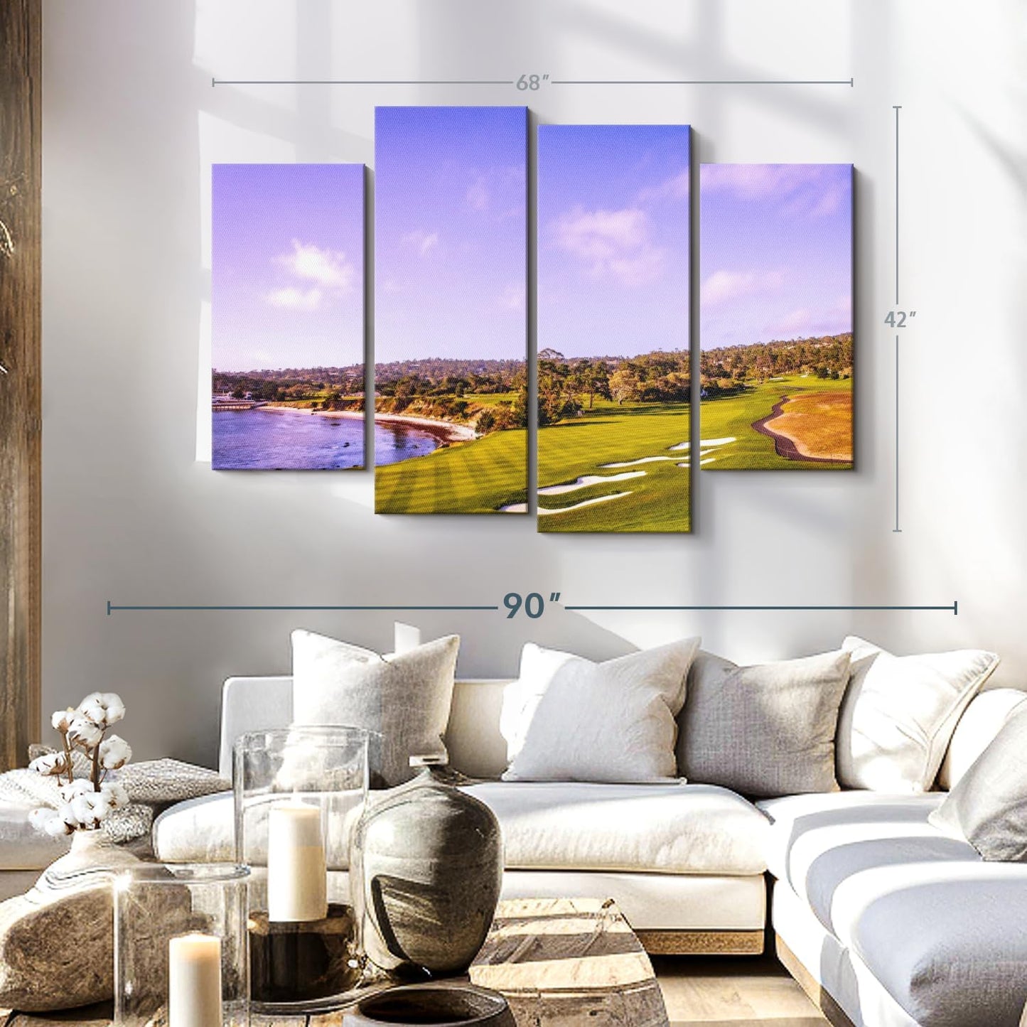 Elephant Stock Coastline Green Golf Course Wall Art - Horizontal Canvas - 4-Piece Living Room Wall Decor - Photography Sports Canvas Print - Blue and Gray Decor for Wall - 68" X 42"