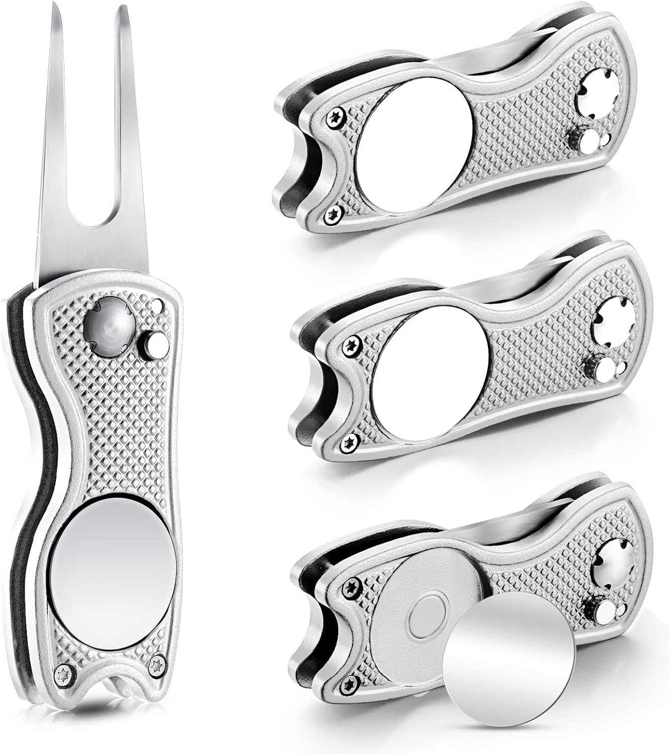 Skylety 4 Pcs Golf Divot Repair Tool Metal Foldable Golf Divot Tool with Magnetic Pop-up Button Ball Marker Stainless Steel Switchblade for Golfers Prizes