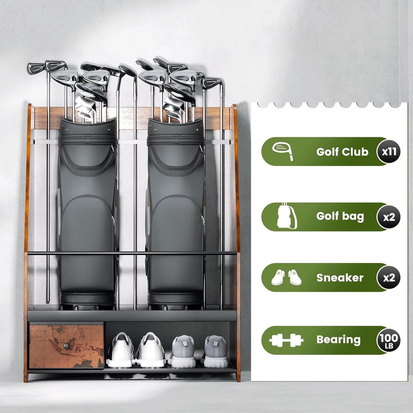 Golf Bag Organizer Rack – Large Wooden Golf Storage for 2 Bags, Clubs & Accessories with Dustproof Drawer, Sports Equipment Rack for Garage, Practice Room, Home or Office (Black)