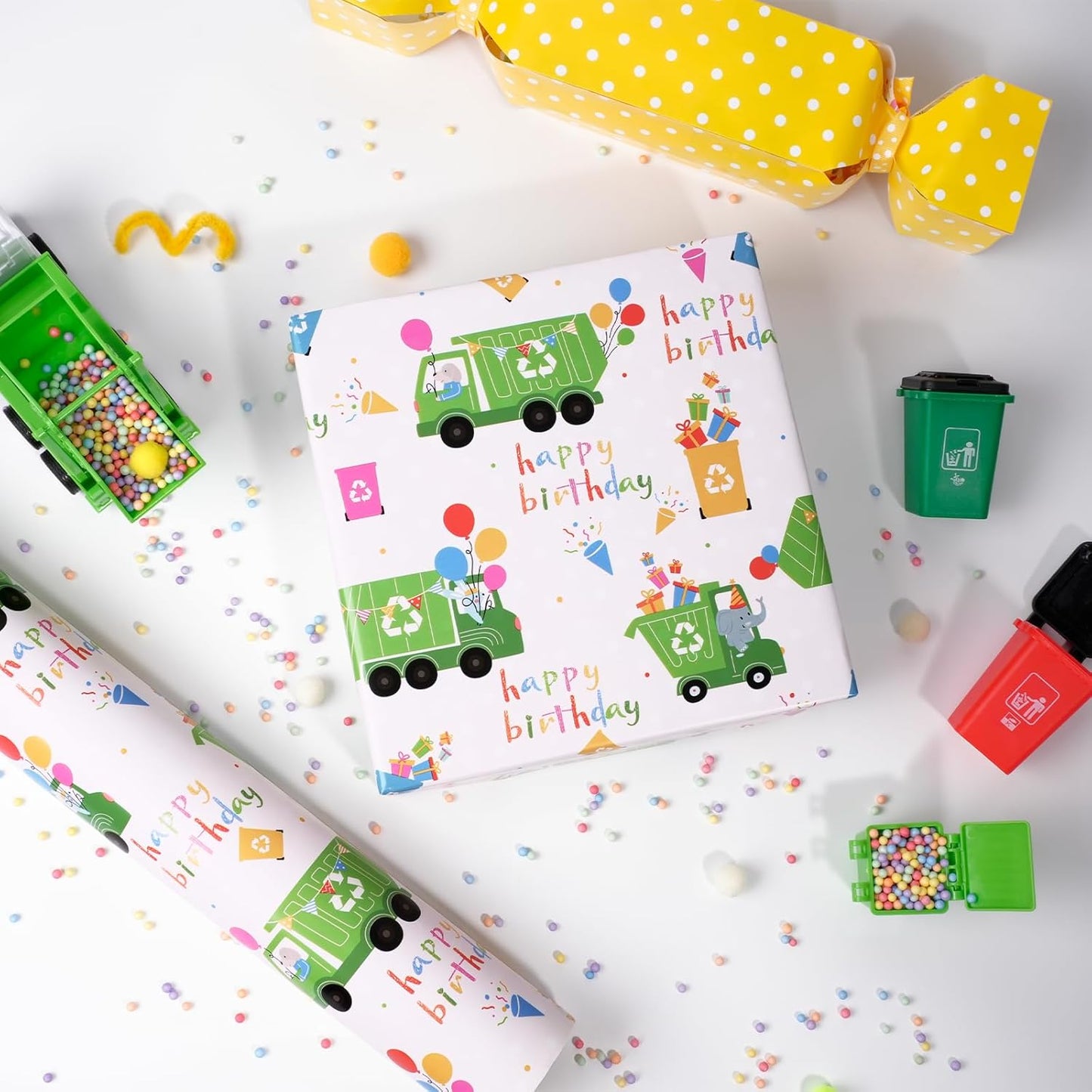 LaRibbons Garbage Truck Reversible Wrapping Paper Mini Roll, Polka Dot Design, Perfect for Kids and Boys Birthdays, 17" x 33' (46.7 sq. ft)