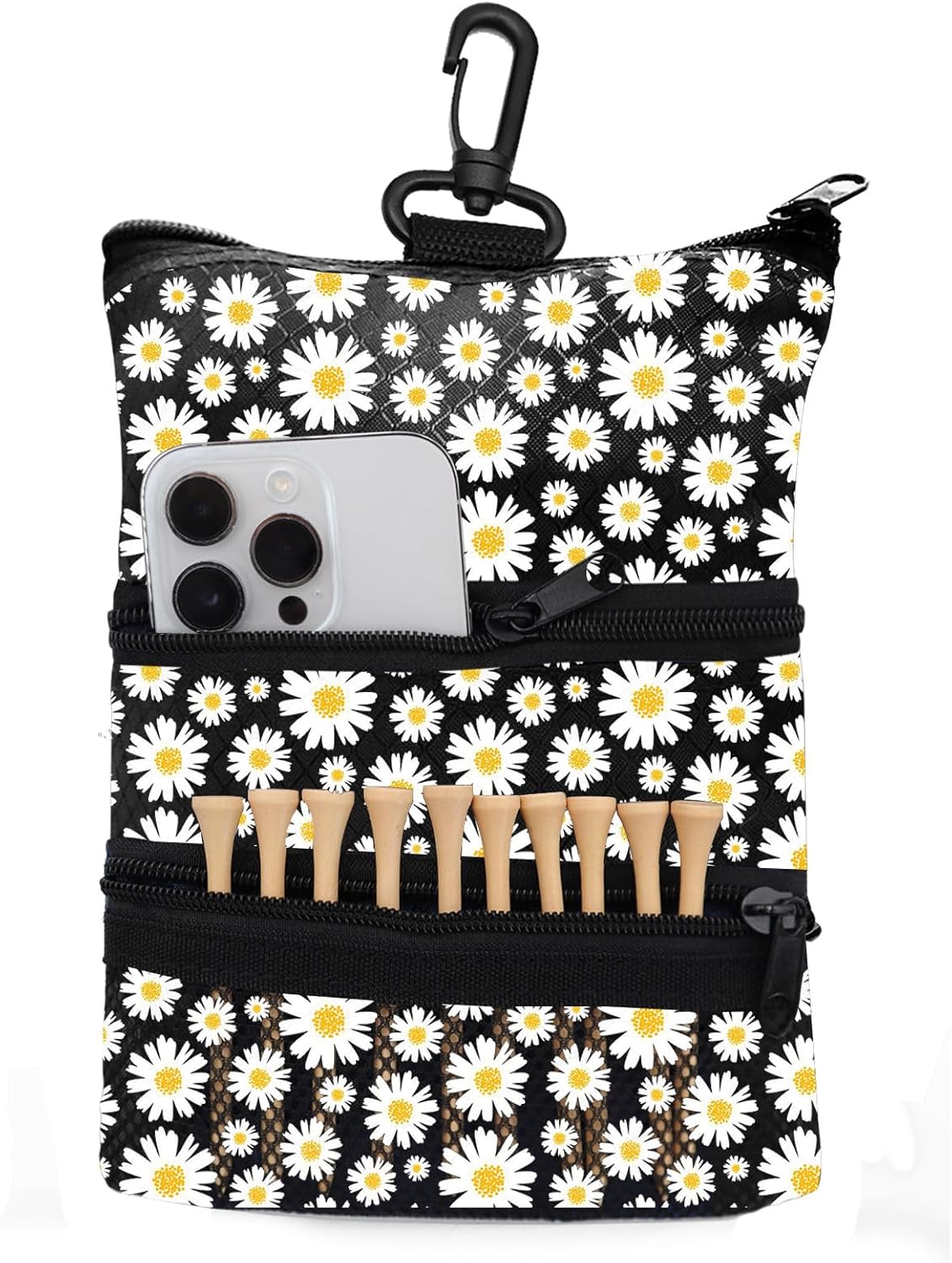 Golf Bag Accessories Valuables Pouch Bags Multi Pocket Zipper Hook with 10 Pcs Wood Golf Tees for Men Women