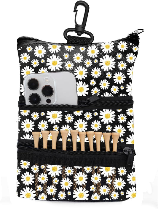 Golf Bag Accessories Valuables Pouch Bags Multi Pocket Zipper Hook with 10 Pcs Wood Golf Tees for Men Women