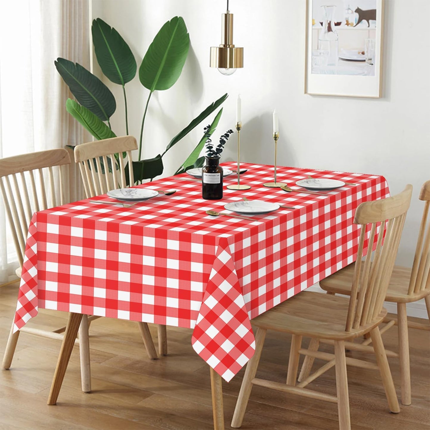 QIKSION Red Gingham Tablecloth Disposable 3 Pack, 54 x 108 Inch Red and White Checkered Table Cloth for Rectangle Tables, Plastic Table Cover
