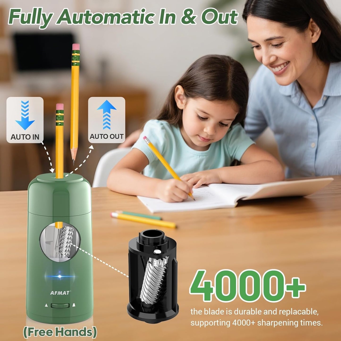 AFMAT Electric Pencil Sharpener, Rechargeable Fully Automatic Pencil Sharpener for Jumbo & Colored Pencils (7-11.5mm), Auto in/Out, Hands-Free, Portable for Home/Classroom/Office PSX6(Green)