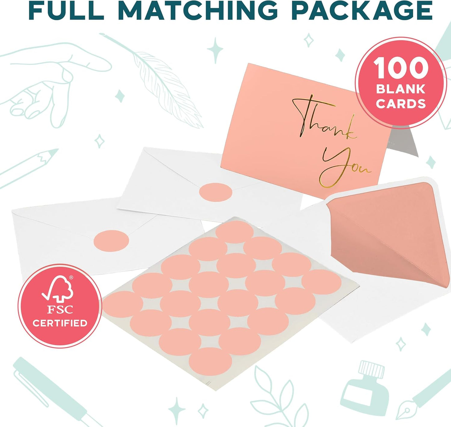 VNS Creations Gold Foil Thank You Cards With Envelopes Bulk Set & Stickers - 100 Pack 4x6 Blank Thank You Notes Box Set - Large Note Card Small Business, Wedding, Baby Shower & Bridal Shower - Peach