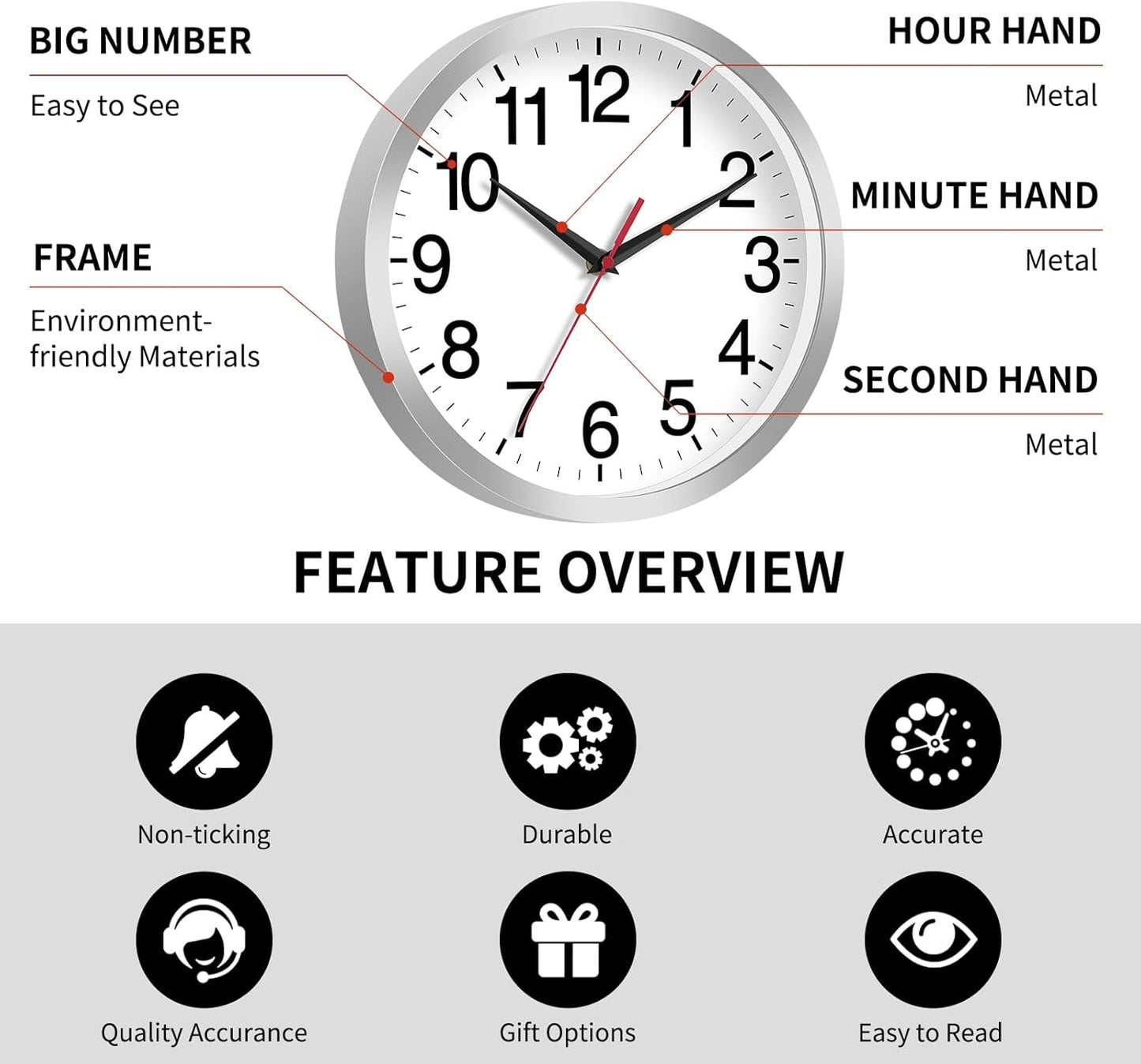 12 Inch Wall Clock Modern Battery Operated Silent Non Ticking Analog Clock Decorative for Bedroom Kitchen Bathroom Office Home Living Room (Silver)