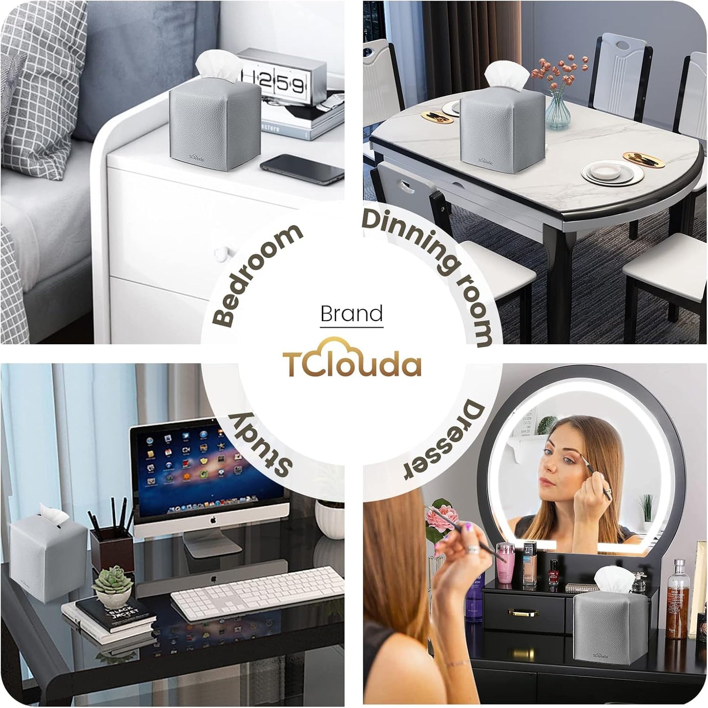 Tissue Box Cover, Tclouda, Modern PU Leather Square Tissue Box Holder for Creative Decorative, Ideal for Bathrooms/Office/Car/Nightstand/Outdoor Tent/Dining Table, 5"X5"X5", Single Gray