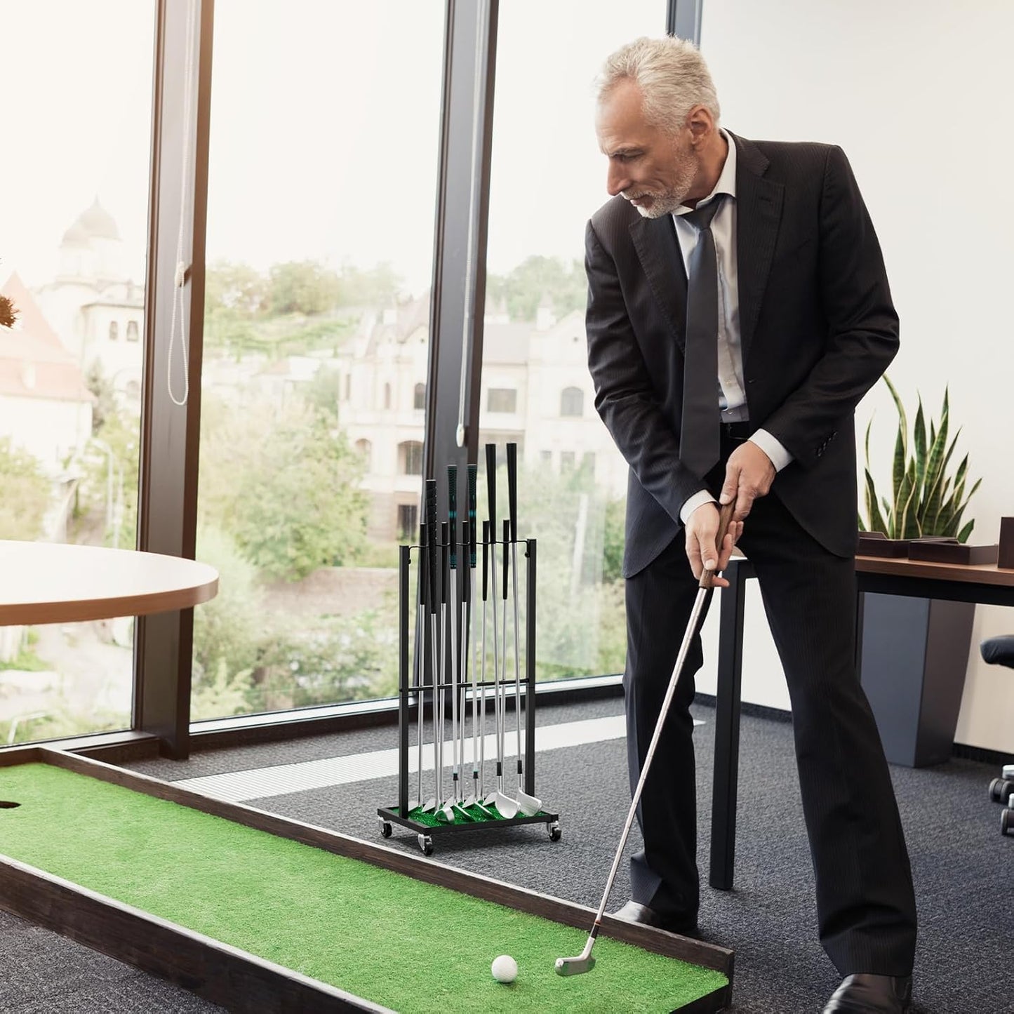 OYEAL Golf Club Holder Stand, Golf Ball Holder Display for 10 Cues, Golf Club Storage Organizer for Garage, Home Club Simulator, Golf Accessories/Gifts for Men Golfers, Black