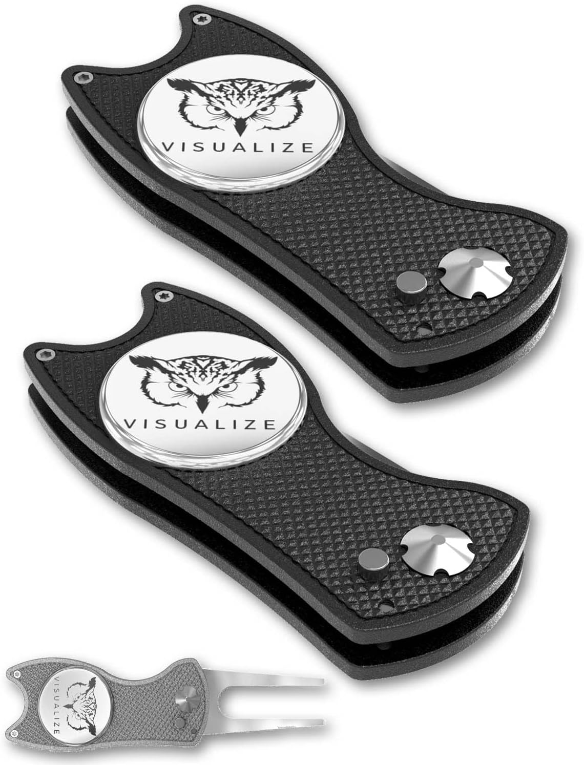 VISUALIZE Elite Switchblade Golf Divot Repair Tool Set with Ball Marker - Sturdy Anodized Aluminum - Perfect Golf Accessory Gift