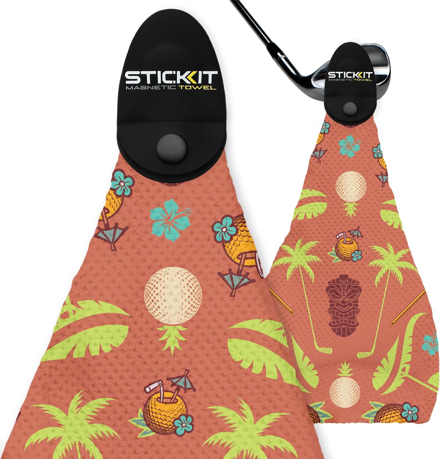 STICKIT Magnetic Salmon Pink Tiki Golf Towel | Top-Tier Microfiber Golf Towel with Deep Waffle Pockets | Industrial Strength Magnet for Strong Hold to Golf Carts or Clubs