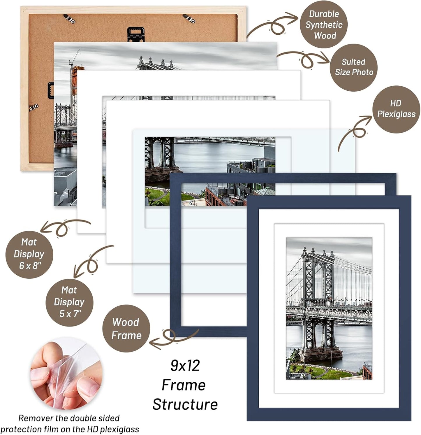 9x12 Solid Wood Picture Frames - Display 6x8 or 5x7, 9x12 Frame, Poster Photo Frame Art with 2 Mats for Wall or Table Mounting (Jazz Blue)