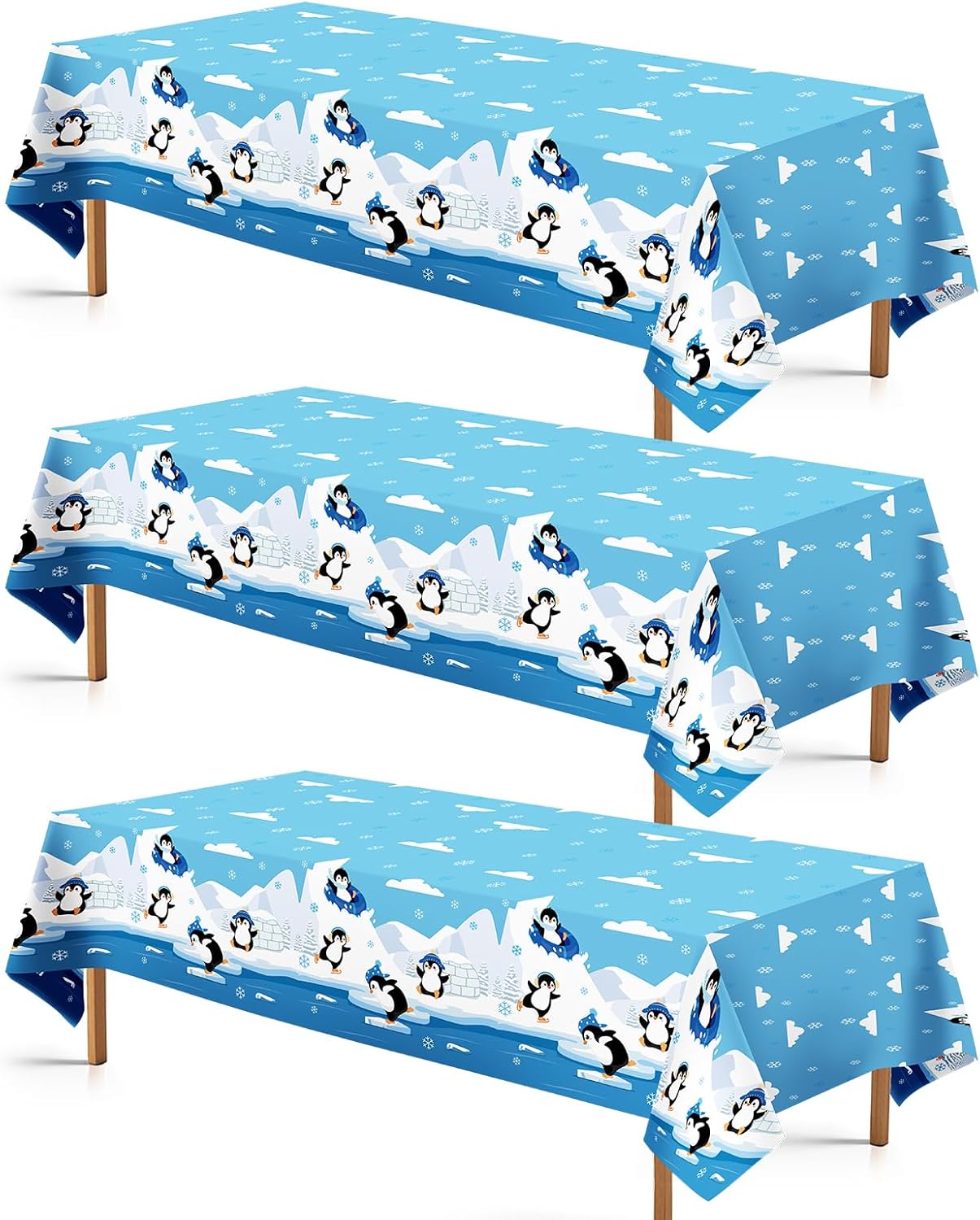 3 Pcs Penguin Birthday Tablecloth Winter Penguin Themed Table Cover Plastic Rectangle Cute Cartoon Animal Table Cloth for Kids Birthday Baby Shower Dinner Party Decorations Supplies 54" x 108"