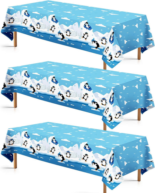 3 Pcs Penguin Birthday Tablecloth Winter Penguin Themed Table Cover Plastic Rectangle Cute Cartoon Animal Table Cloth for Kids Birthday Baby Shower Dinner Party Decorations Supplies 54" x 108"