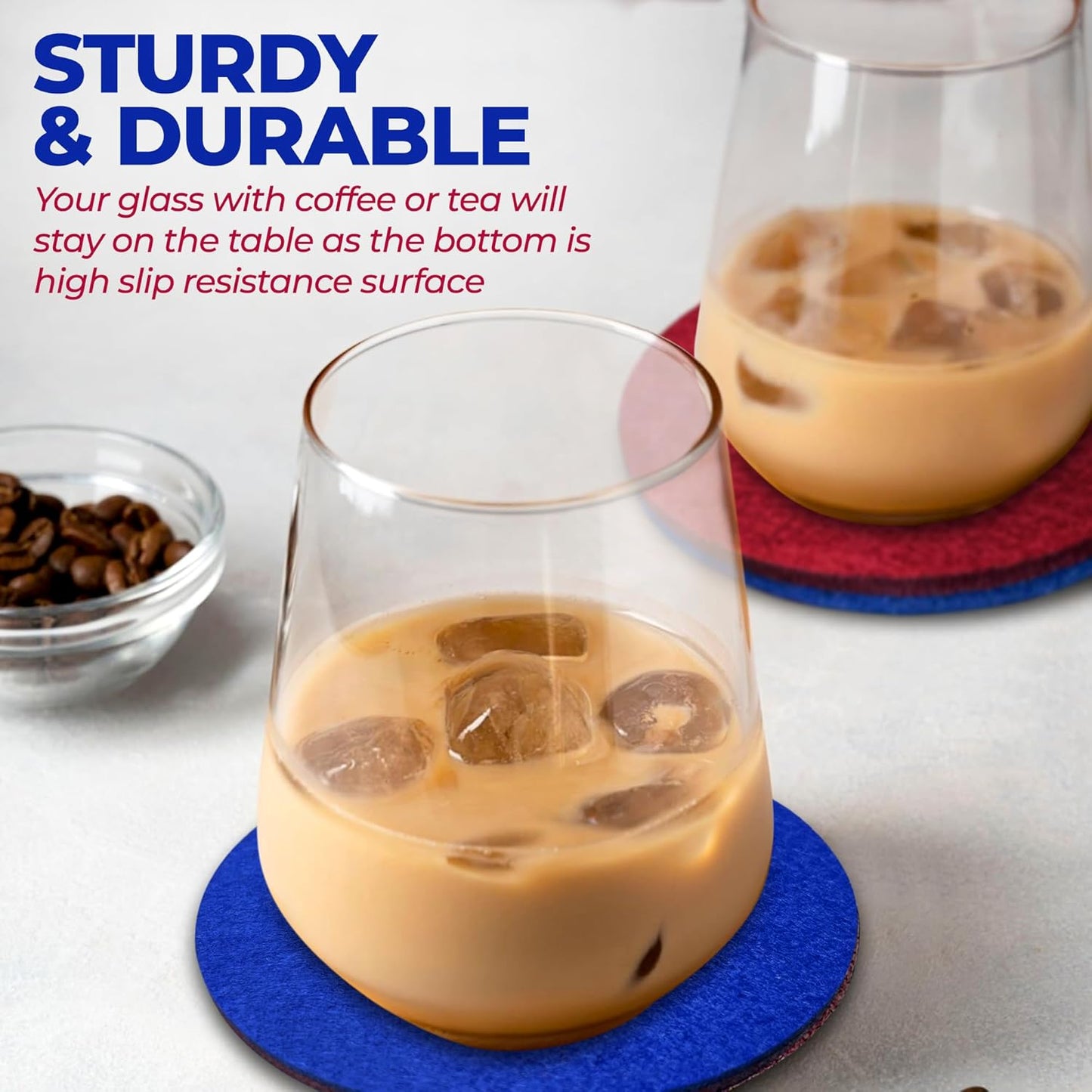 A&A Wonders Premium Felt Coasters for Drink, Two-Tone Reversible, Absorbent Felt Protects Furniture, Table, Anti Slip, Suitable for Drinks & All Table Types (Wine Red/Royal Blue, Circle 12 Pack)