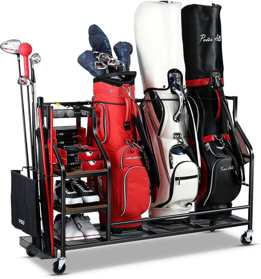 Golf Bags Storage Garage Organizer- Golf Bag Stand for Golf Bags, Clubs, Balls, Golf Equipment Accessories, Golf Bag Storage Rack with Wheels for Garage, Club, Basement