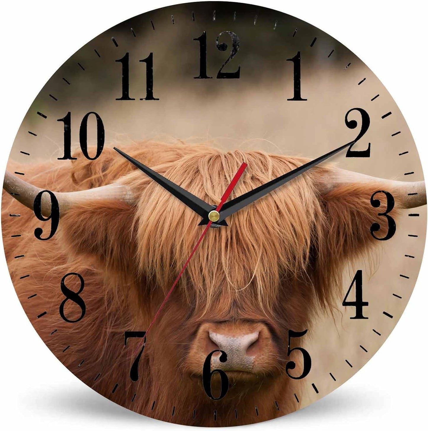 Mxocom Cow Wall Clock Brown Highland Cattle Cow Animal Farming Countryside 10 Inch Silent Non Ticking Battery Operated Clock Vintage Round Clock for Living Room Bedroom Bathroom Office Decor