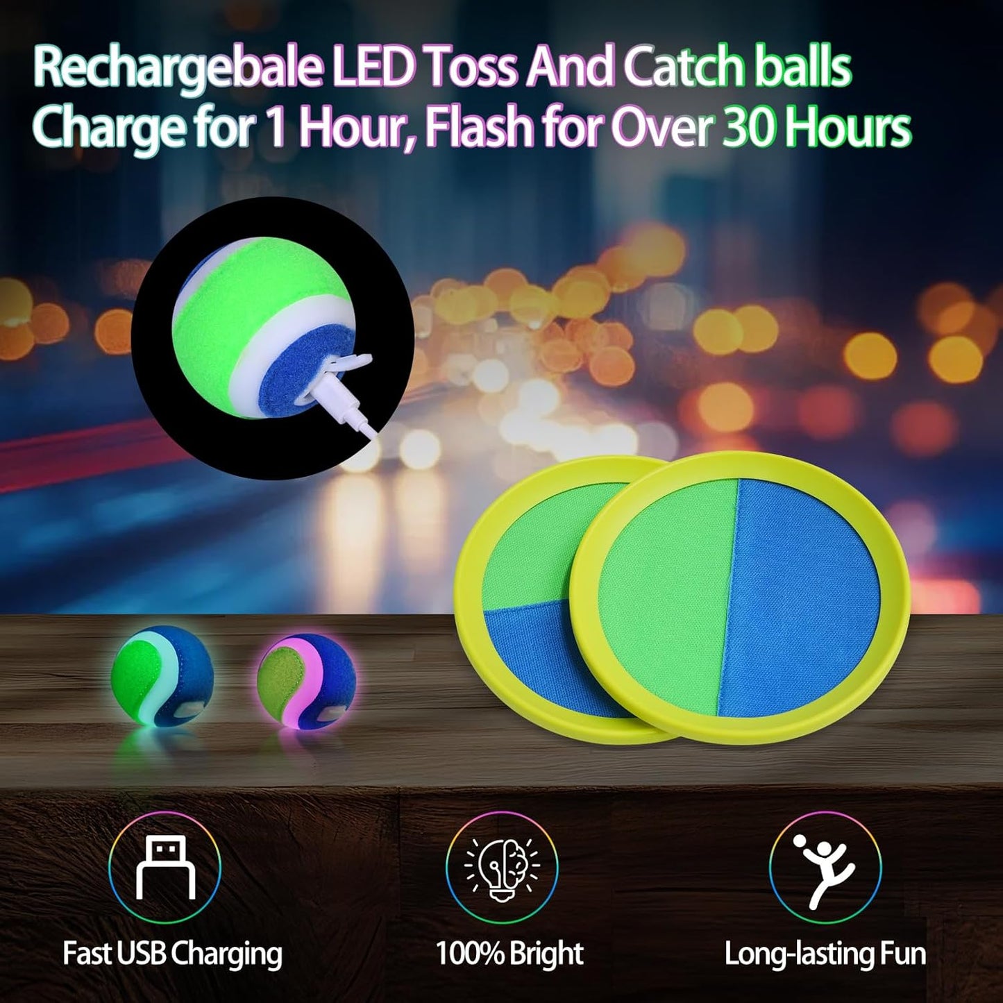LED Toss and Catch Ball Set, Glow-in-The-Dark & Daytime Play with Rechargeable Multi-Color Flashing Light-Up Balls, Indoor & Outdoor Toy for Kids, Toddlers & Adults Fun, 2 Paddles & 2 Balls
