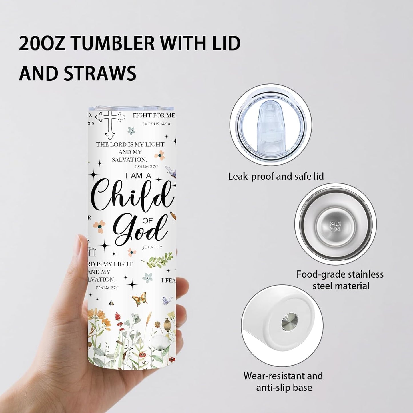 Christian Gifts - 20oz Child of God Insulated Stainless Steel Travel Water Tumbler with Straw Lid, Leakproof, for Girl, Sister, Friends - Inspirational Baptism Confirmation Catholic Birthday Gifts Cup