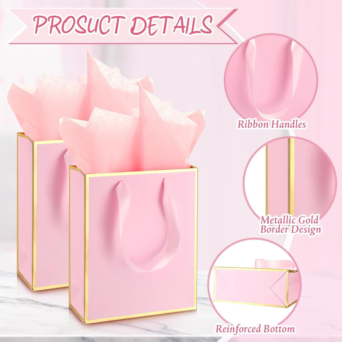 Yeaqee 24 Pack Metallic Paper Gift Bags with Handle and Tissue 9x7x3.1 Gold Foil Welcome Favor Bags Return Gifts for Wedding Fall 5 Senses Christmas Bridesmaid Birthday(Pink Gold)