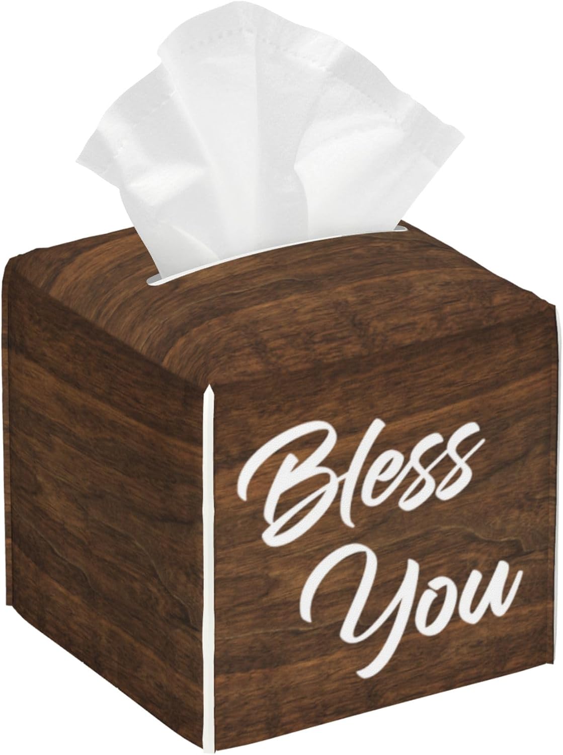 Bless You Tissue Box Cover Square,Wooden Board Texture Tissue Box Holder Waterproof Leather Facial Paper Organizer Dispenser for Bathroom Home Car Nightstand Vanity Desk