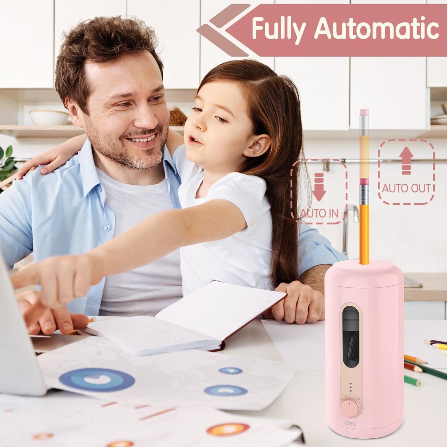 Deli Electric Pencil Sharpener - Fully Automatic, Auto in & Out, Rechargeable Hands-Free for 6.9-12mm - Home, Classroom, Battery Operated, Pink
