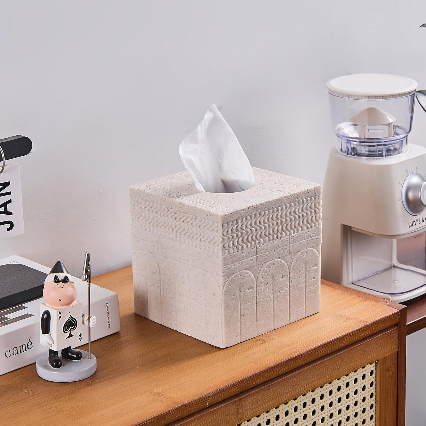 Sandstone Carved Pattern Tissue Box Cover – Modern Resin Cube Holder for Bathroom, Bedroom, Office – Decorative Square Tissue Box for Countertop, Nightstand, Vanity & Desk – Heavy&Sturdy