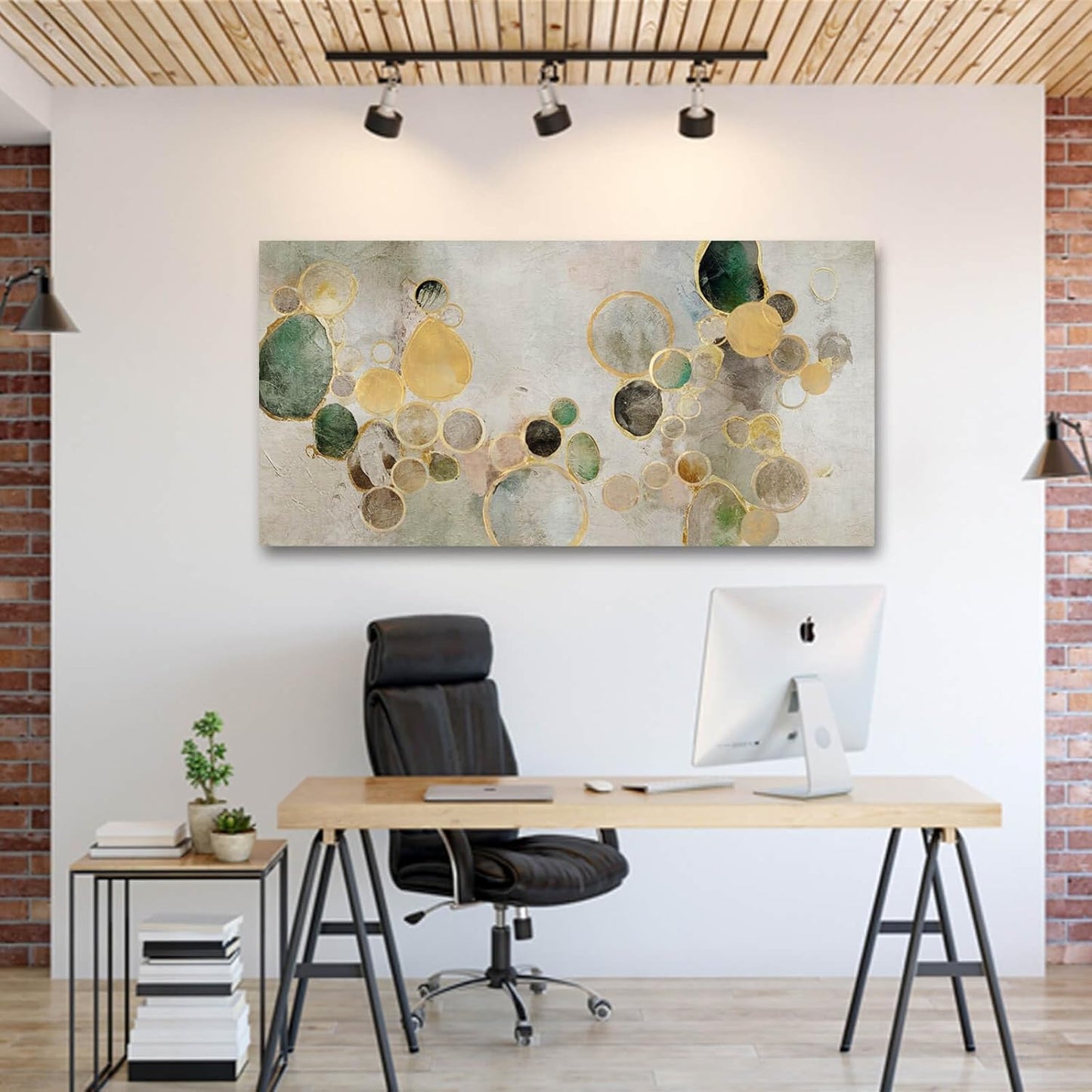 Gold Round Wall Art Neutral Beige Modern Canvas Wall Print 24"x48" Geometric Wall Decor Poster Print Abstract Wall Art for Living Room Dining Room