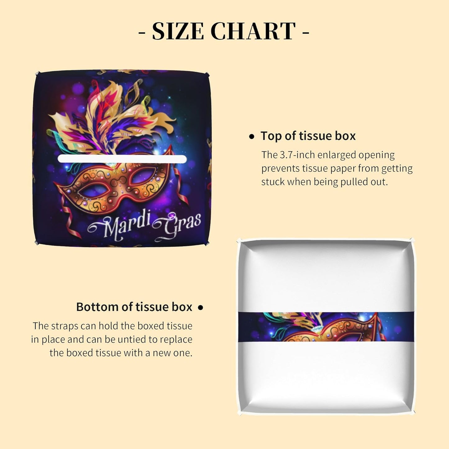 Tissue Box Cover Square,Mardi Gras Mask Tissue Box Holder Waterproof Leather Facial Paper Case Modern Home Decoration for Bedroom Dresser Night Stand Office Desk