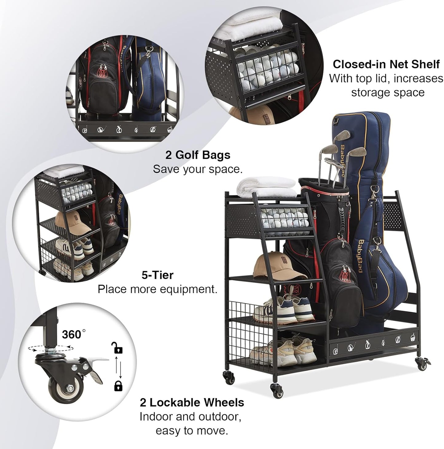 Lauren&Harold Golf Bag Organizer Garage Storage, Golf Storage Rack Stand Fits 2 Golf Bags, Golf Clubs and Other Golfing Equipment Accessories, Golf Organizer for Garage, Club, Shed, Basement